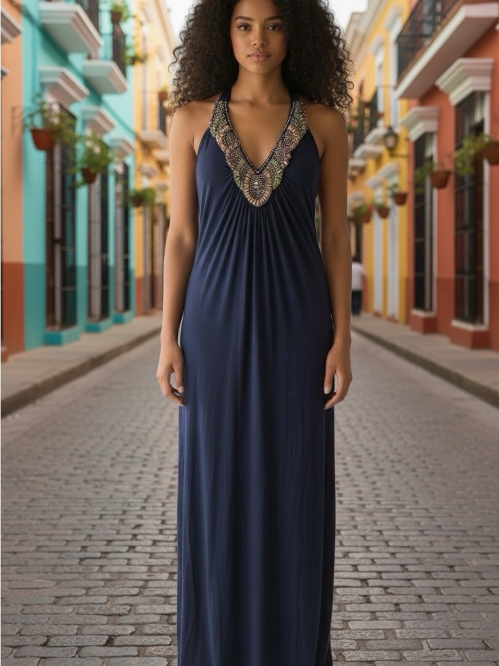 Romeo & Juliet Couture Navy Maxi Dress with Multicolor Beaded V-Neck - Picture 1 of 14